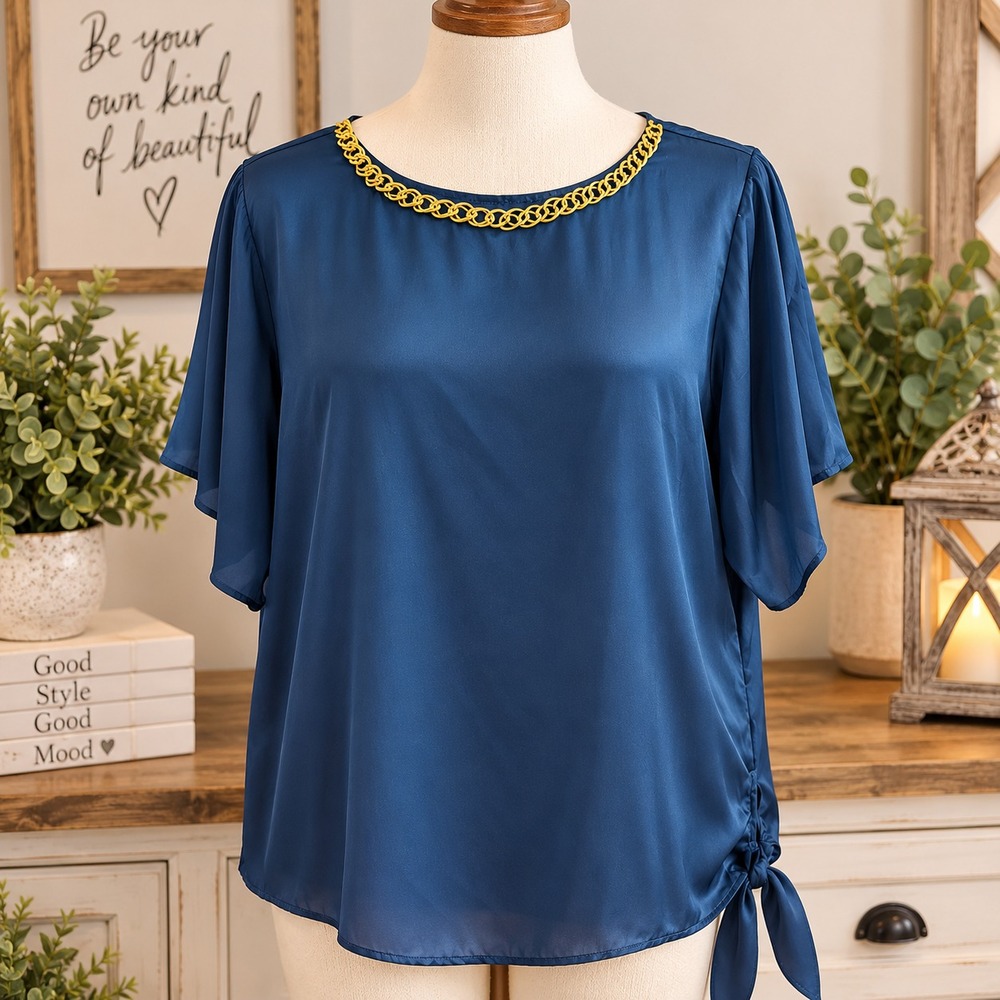 Jaclyn Smith Womens XXL Teal Blue Satin Blouse Gold Chain Neck Side Tie Flutter